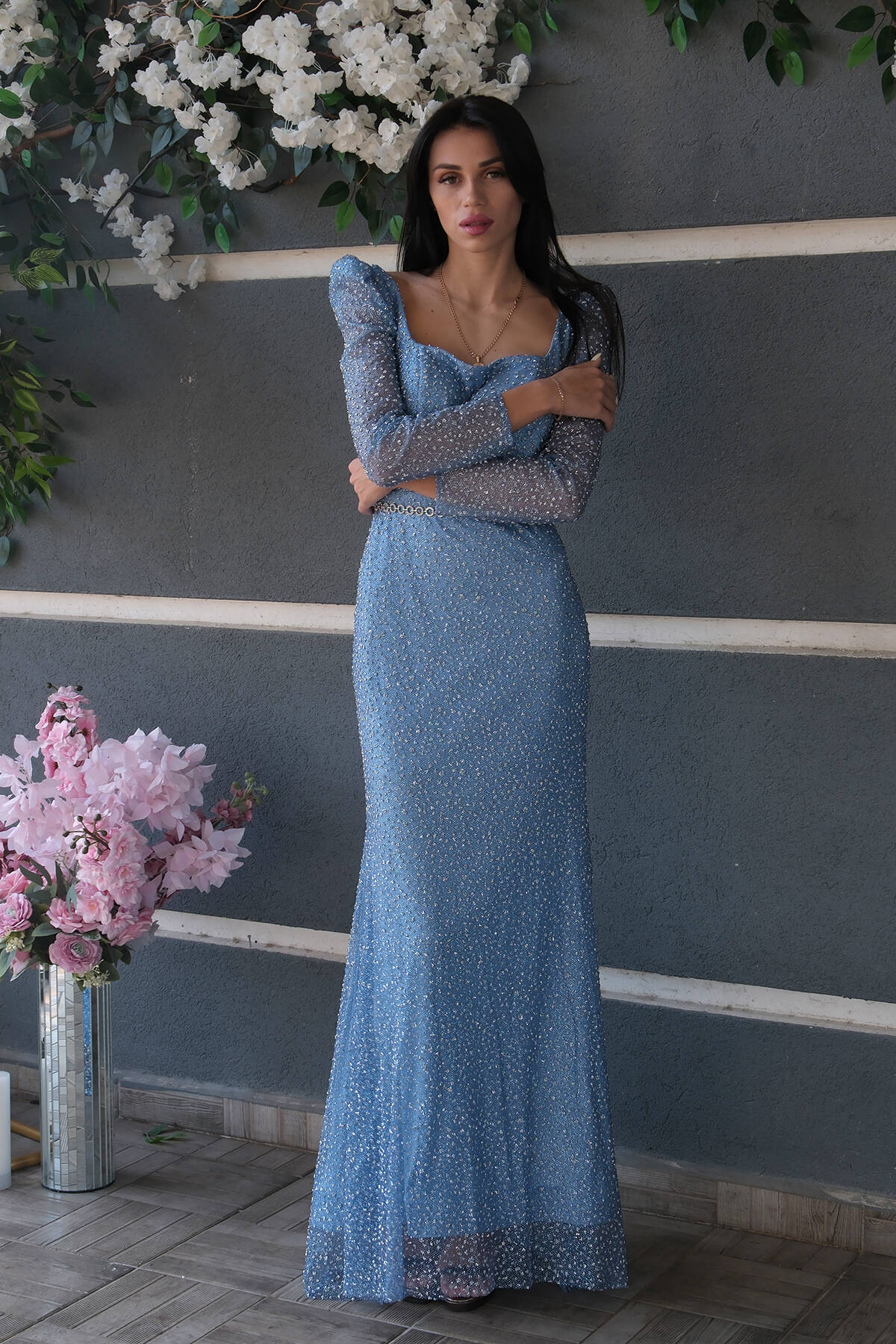 Mavi Taş İşlemeli Balık Abiye Elbise 9705141.16 - Ardanewline (1)