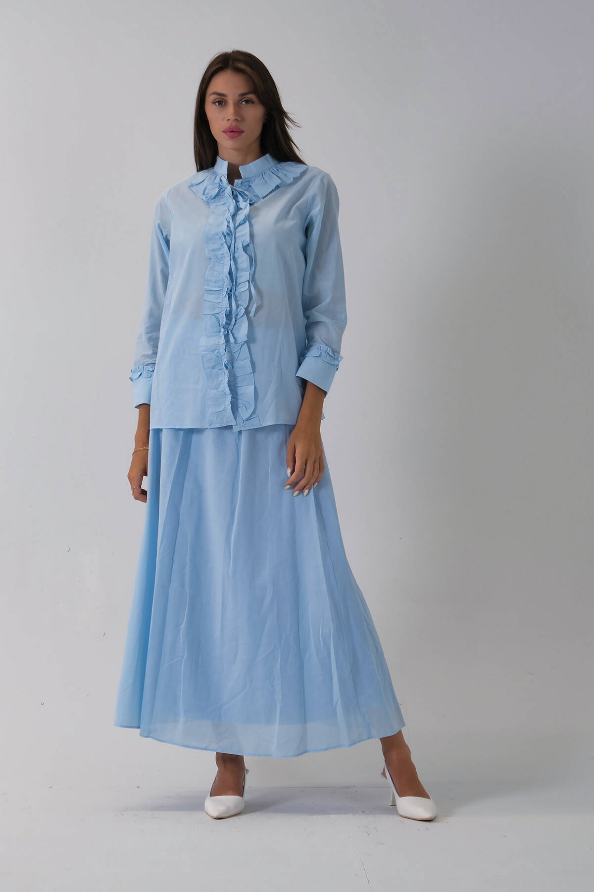 Mavi Yaka ve Bilek Fırfır Detaylı Etekli Takım 4592246.16 - Ardanewline