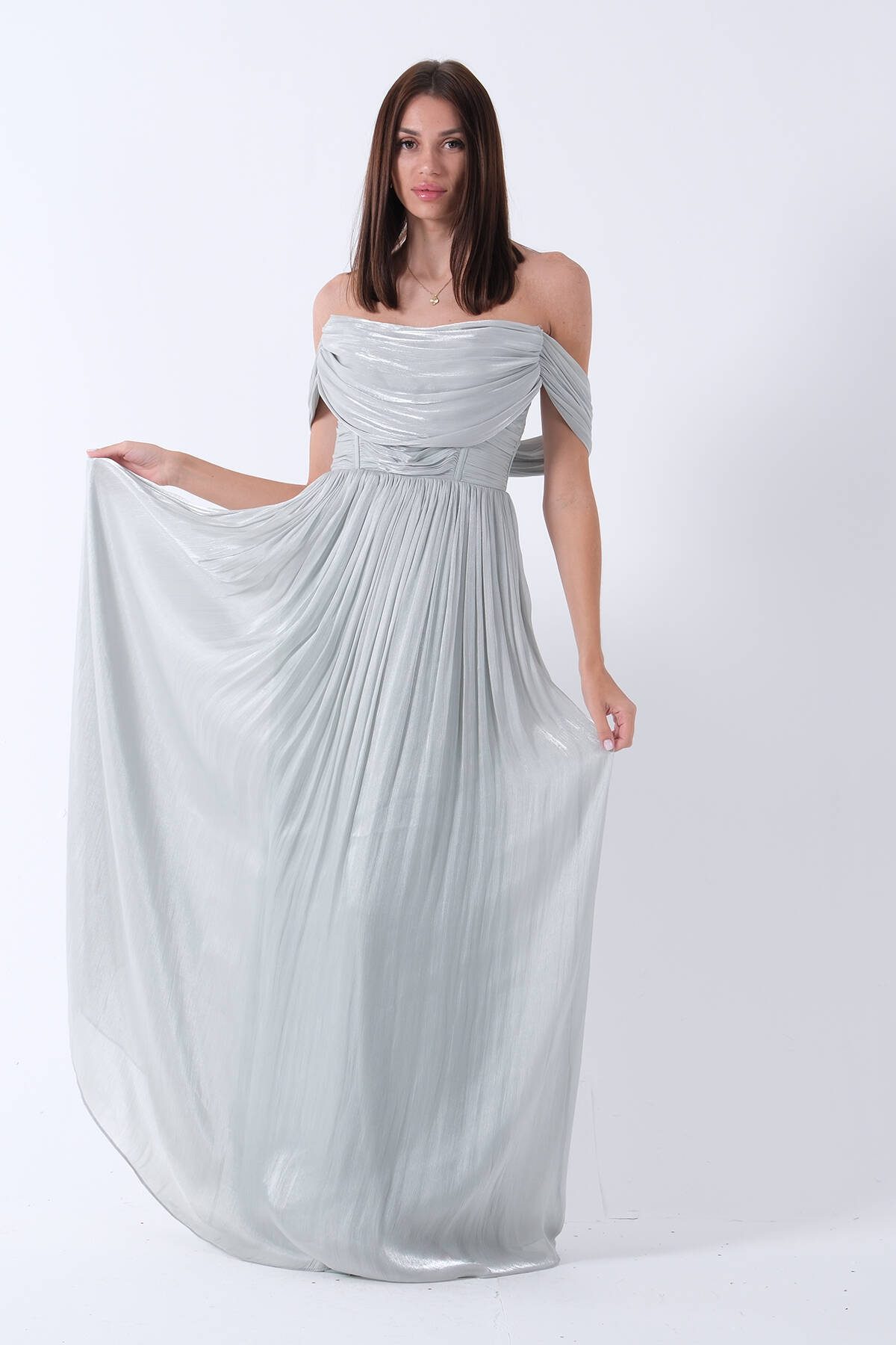 Mint Drape Yaka Detaylı Şifon Straplez Abiye 08011861.27 - ArdaNewline