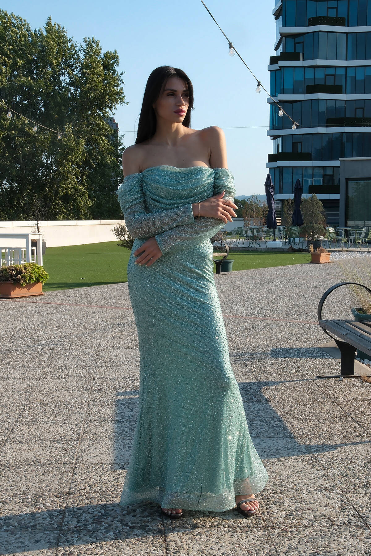 Mint Kayık Yaka Simli Uzun Kol Abiye 9705266.27 - Ardanewline