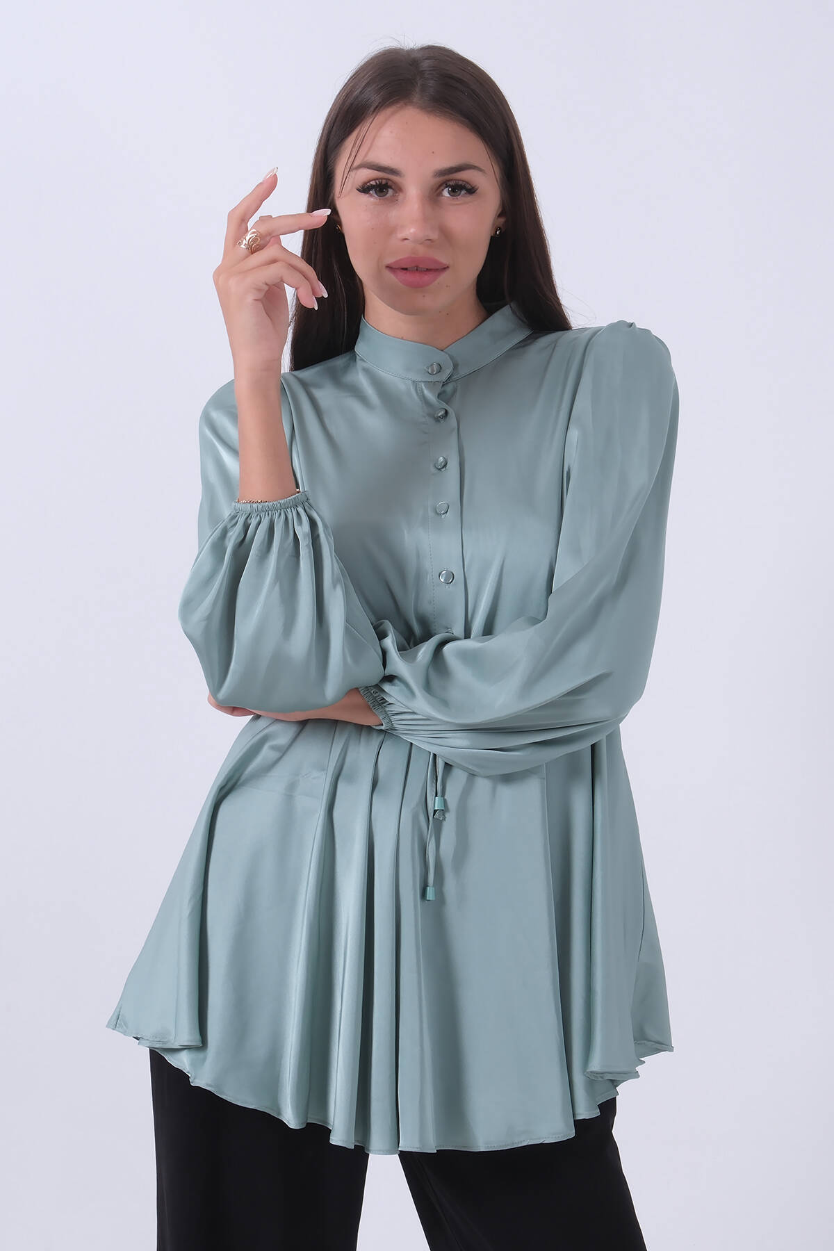 Mint Kolu Lastikli Belden Bağlamalı Saten Tunik 44510418.27 - Ardanewline