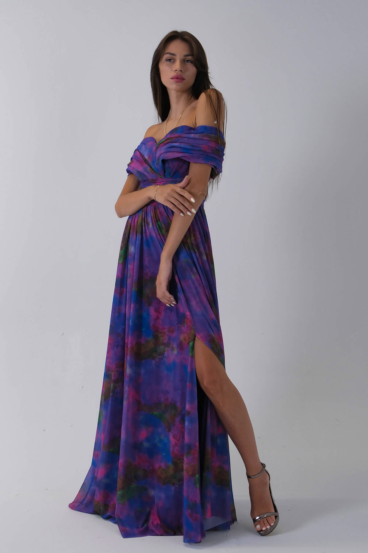 Mor Beli Çiçek Detaylı Desenli Şifon Abiye 0801102.03 - Ardanewline