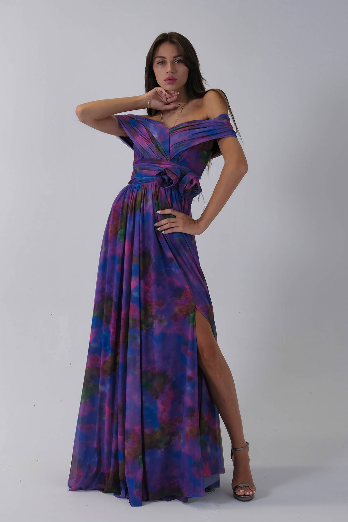 Mor Beli Çiçek Detaylı Desenli Şifon Abiye 0801102.03 - Ardanewline (1)