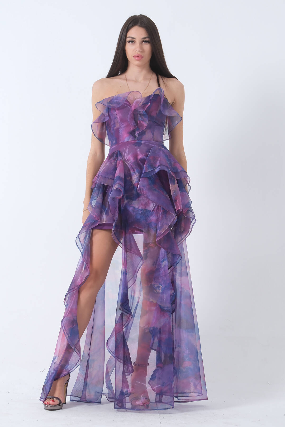 Mor Fırfırlı Tül Şifon Abiye Elbise 0802000.03 - Ardanewline