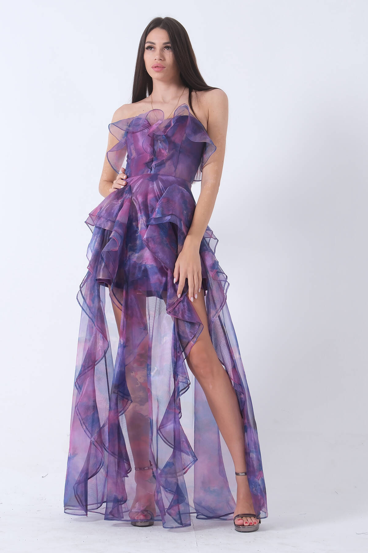 Mor Fırfırlı Tül Şifon Abiye Elbise 0802000.03 - Ardanewline (1)