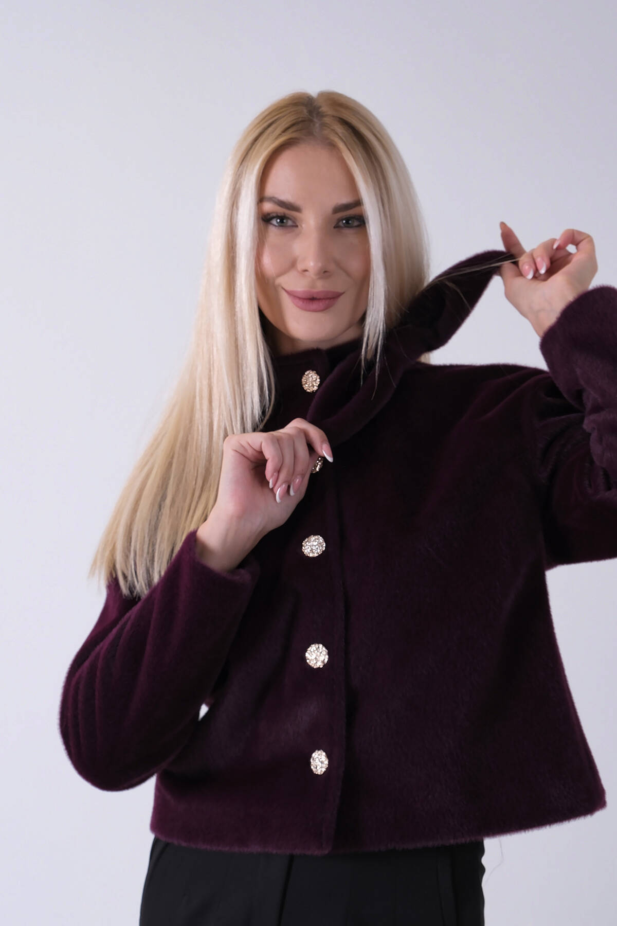 Mor Omuz Fiyonk Detaylı Düğme Kapamalı Kaşe Ceket 41630060.03 - Ardanewline