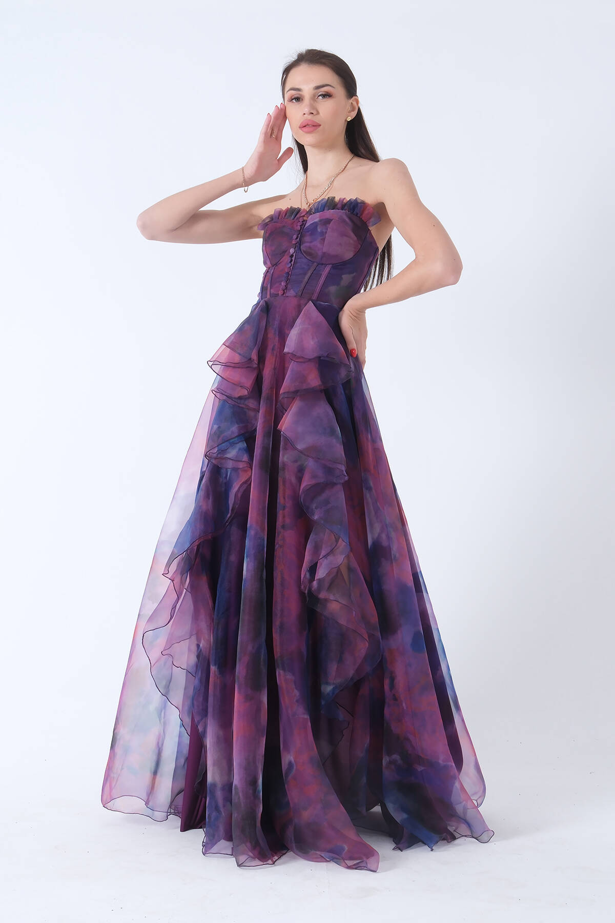 Mor Straplez Yaka Yırtmaçlı Eteği Fırfırlı Abiye 9705163.03 - Ardanewline