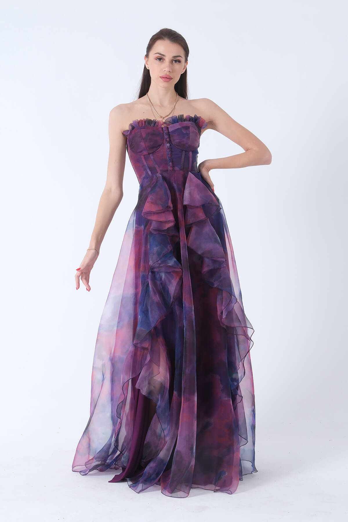 Mor Straplez Yaka Yırtmaçlı Eteği Fırfırlı Abiye 9705163.03 - Ardanewline (1)