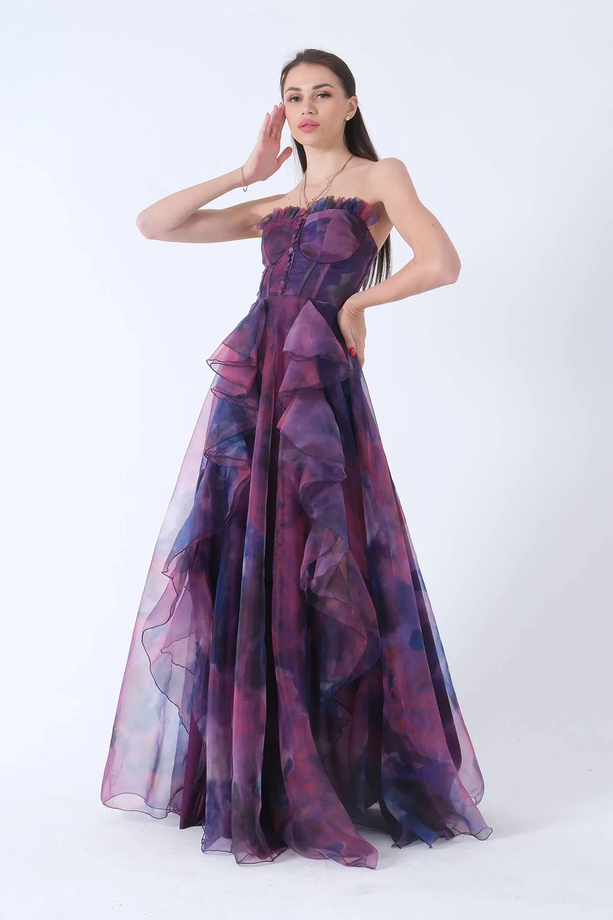 Mor Straplez Yaka Yırtmaçlı Eteği Fırfırlı Abiye 9705163.03 - Ardanewline