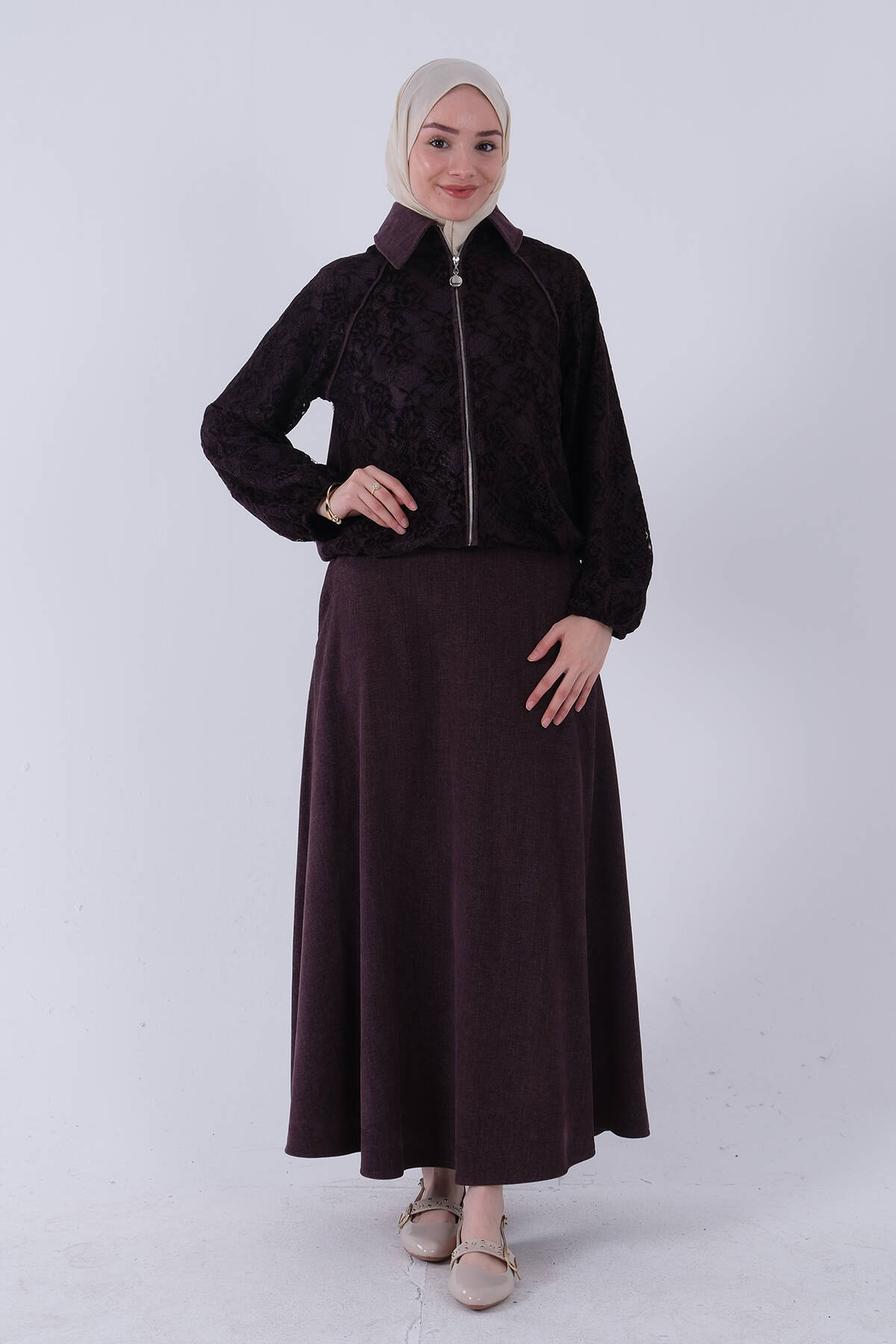 Mürdüm Beli Lastikli Üzeri Dantelli Ceket Etekli Takım 4577464.21 - Ardanewline