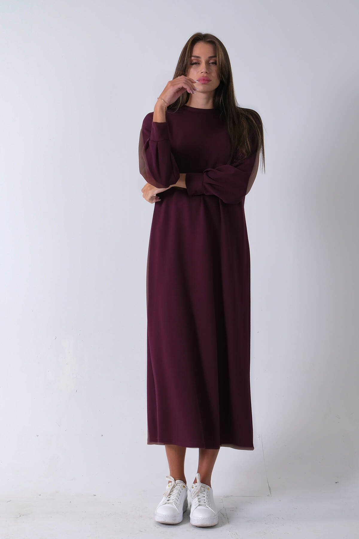 Mürdüm Bileği Lastikli Bisiklet Yaka Tesettür Elbise 31061510.21 - Ardanewline (1)