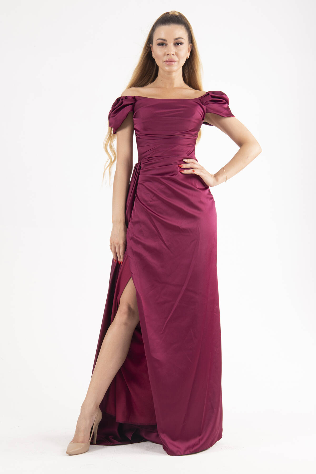 Mürdüm Drape Detaylı Saten Kumaş Abiye Elbise 9704858.21 - Ardanewline