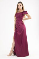 Mürdüm Drape Detaylı Saten Kumaş Abiye Elbise 9704858.21 - 2