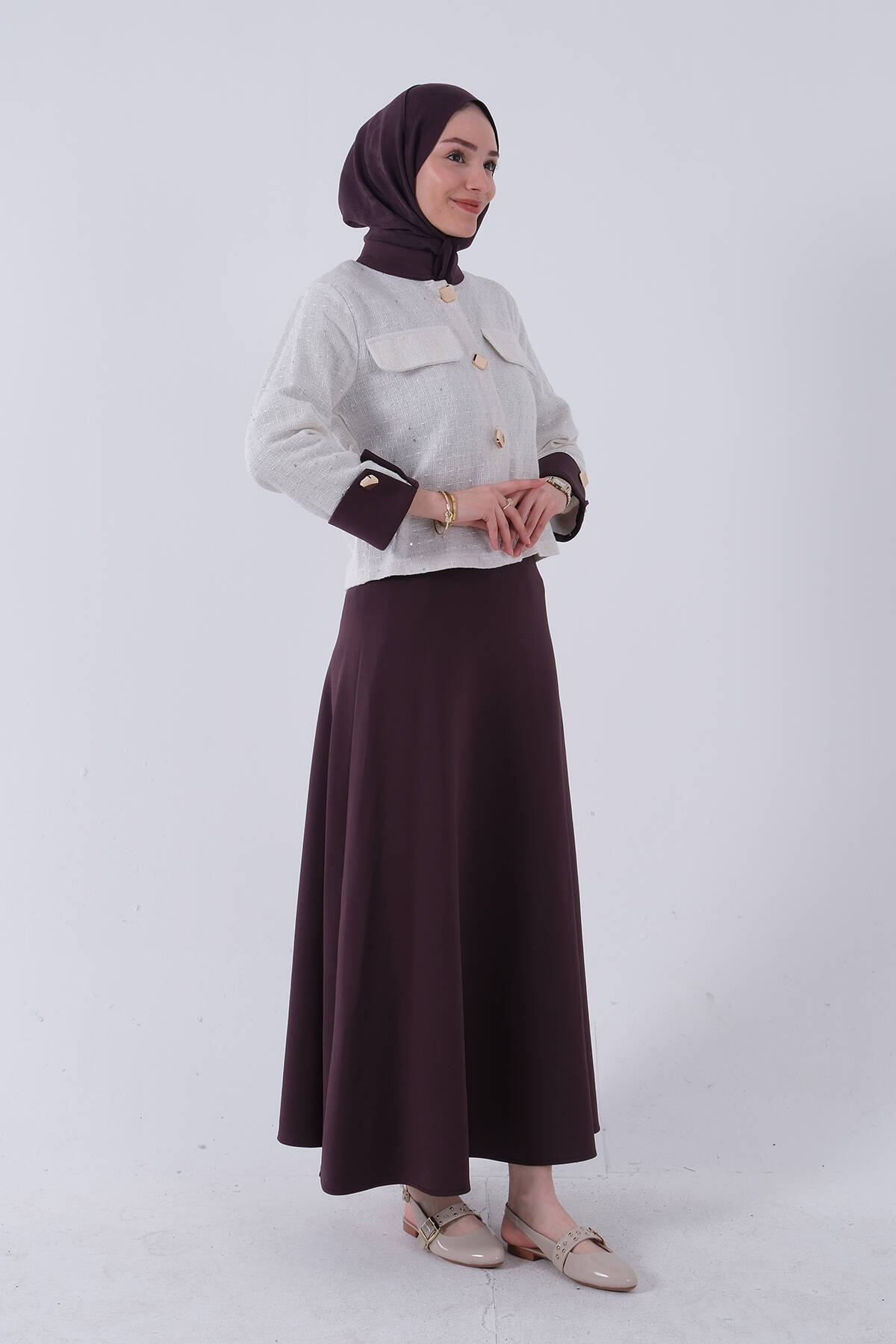 Mürdüm Önü Gold Düğme Kapamalı Üzeri Tüvid Eteği Scuba Takım 45950602.21 - Ardanewline (1)