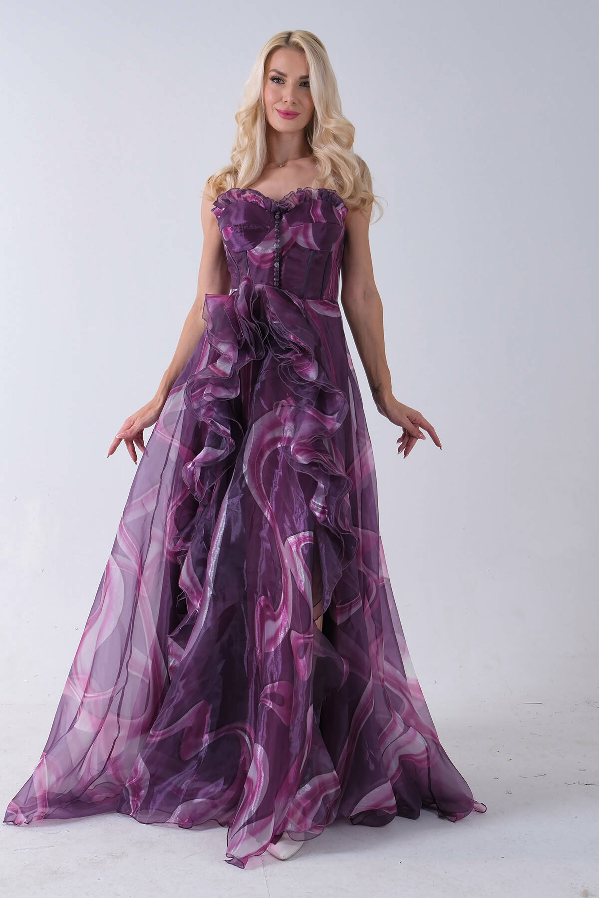 Mürdüm Straplez Yaka Önü Düğme Detaylı Desenli Fırfırlı Abiye 9705680.21 - Ardanewline