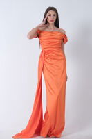 Oranj Drape Detaylı Saten Kumaş Abiye Elbise 9704858.24 - 3