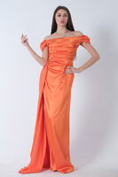 Oranj Drape Detaylı Saten Kumaş Abiye Elbise 9704858.24 - 4