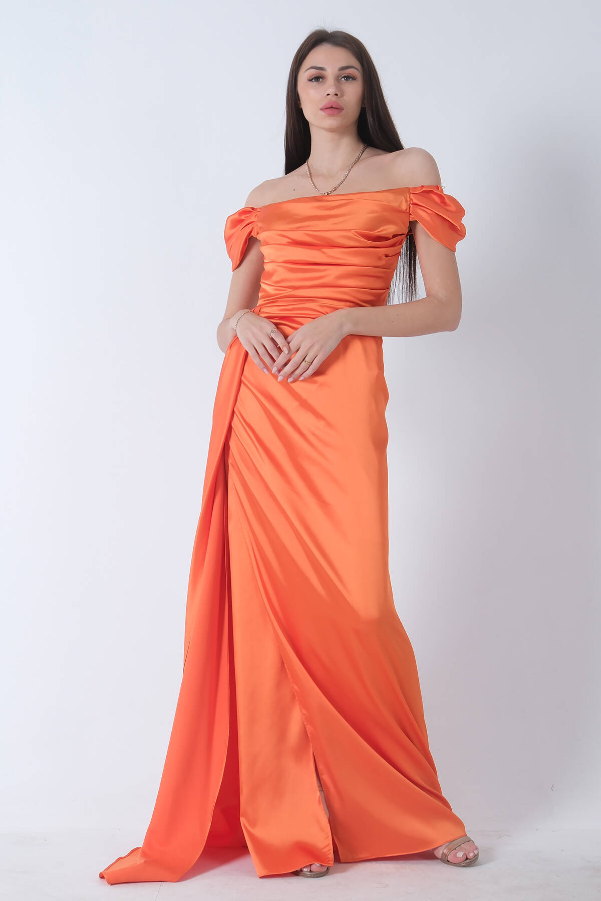 Oranj Drape Detaylı Saten Kumaş Abiye Elbise 9704858.24 - Ardanewline (1)