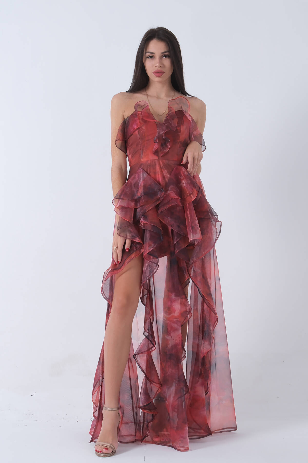 Oranj Fırfırlı Tül Şifon Abiye Elbise 0802000.24 - Ardanewline (1)