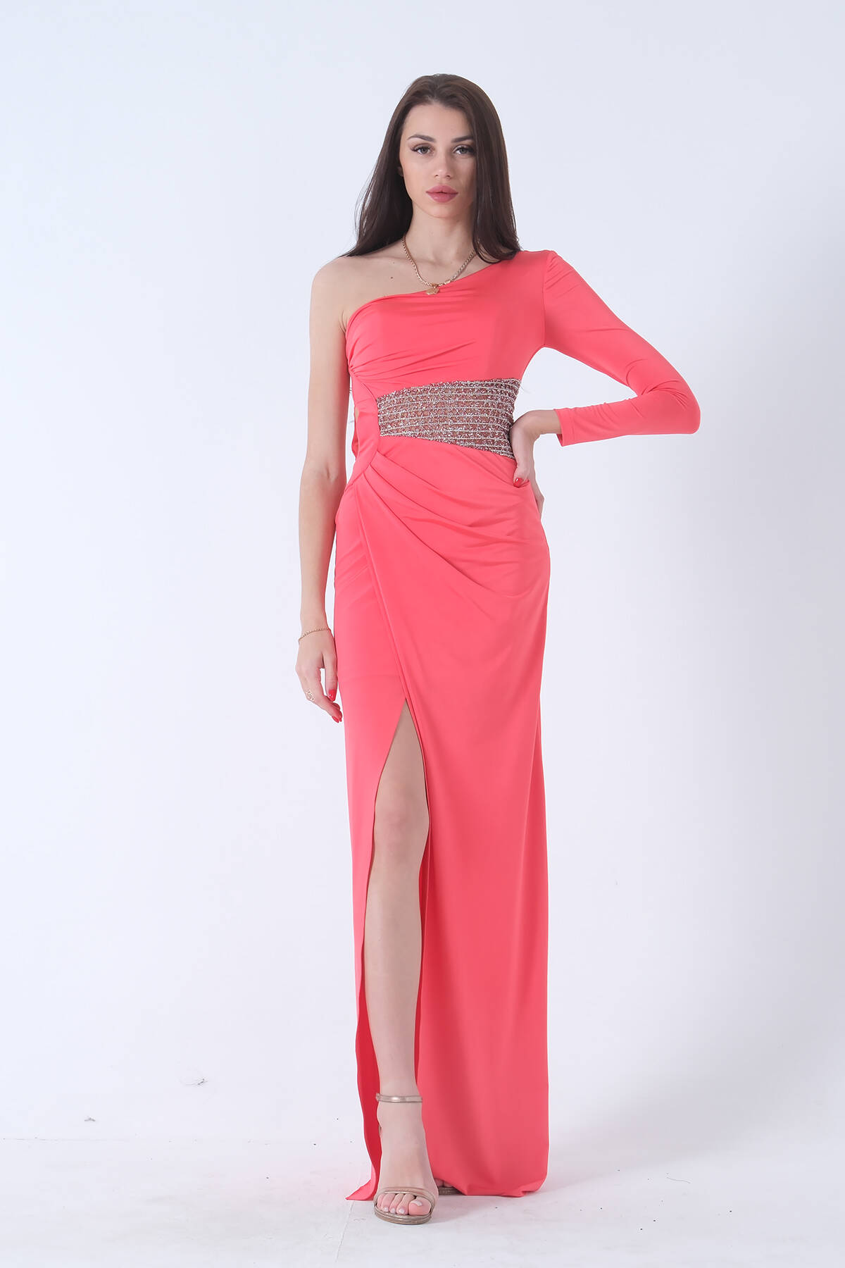 Oranj Tek Kol Yırtmaçlı Bel Dekolteli Balık Abiye Elbise 1302045.24 - Ardanewline