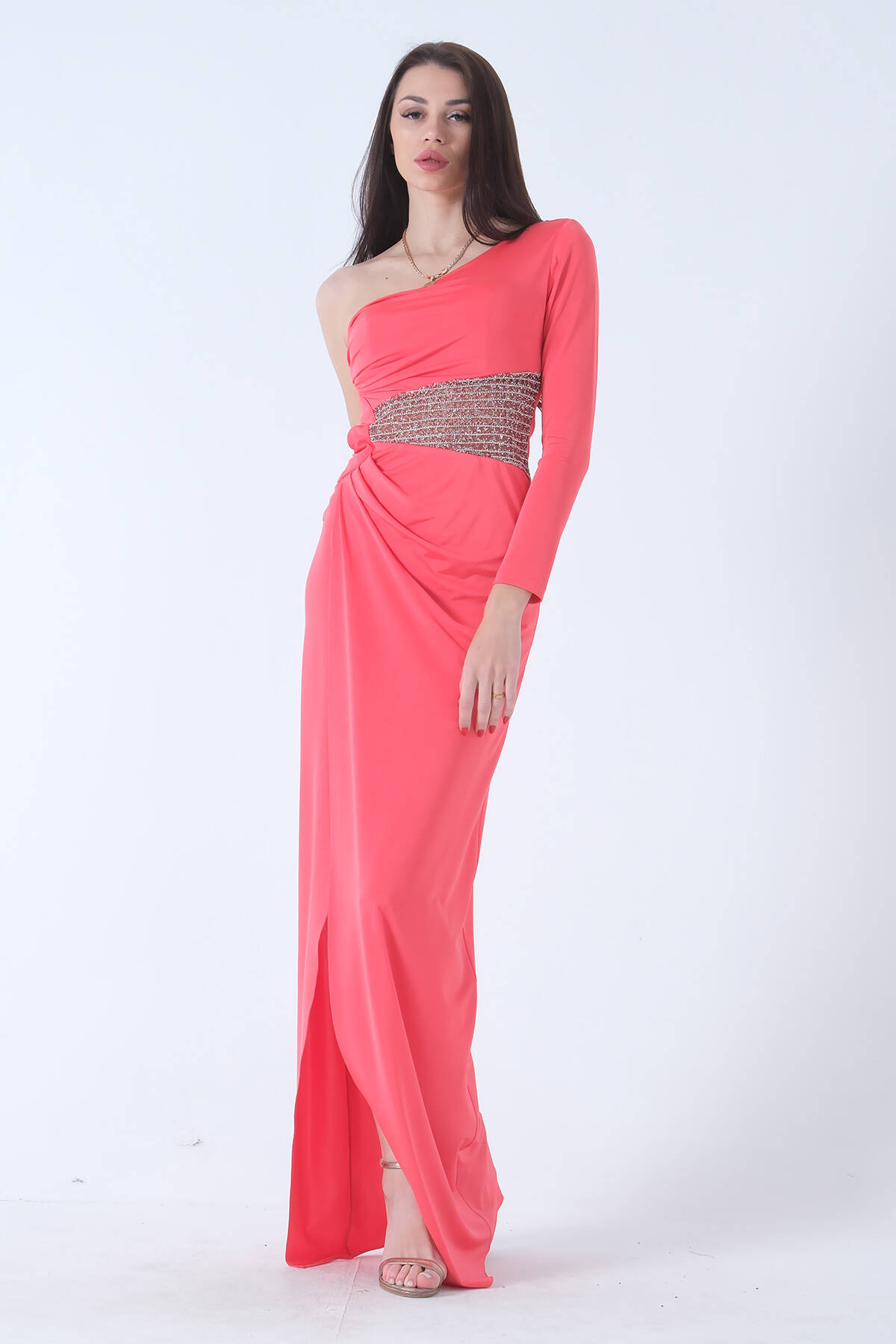 Oranj Tek Kol Yırtmaçlı Bel Dekolteli Balık Abiye Elbise 1302045.24 - Ardanewline (1)