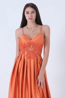 Oranj Yırtma Detaylı İp Askılı Saten Abiye Elbise 9704981.24 - 6