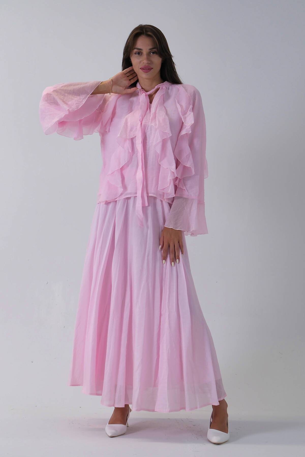 Pembe Bluz Fırfırlı İspanyol Kol Etekli Takım 530761.10