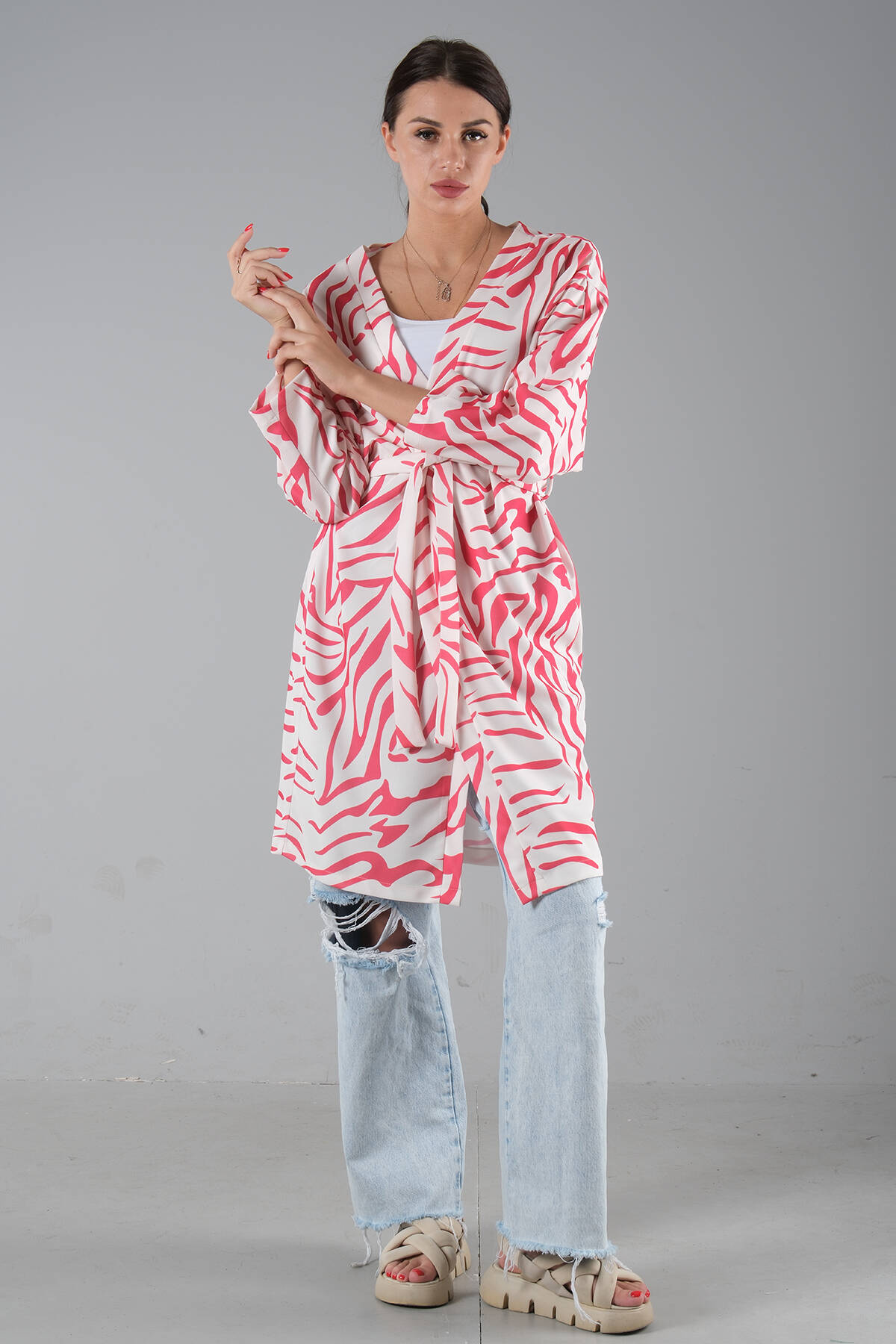 Pembe Desenli Krep Kimono 0107129.10