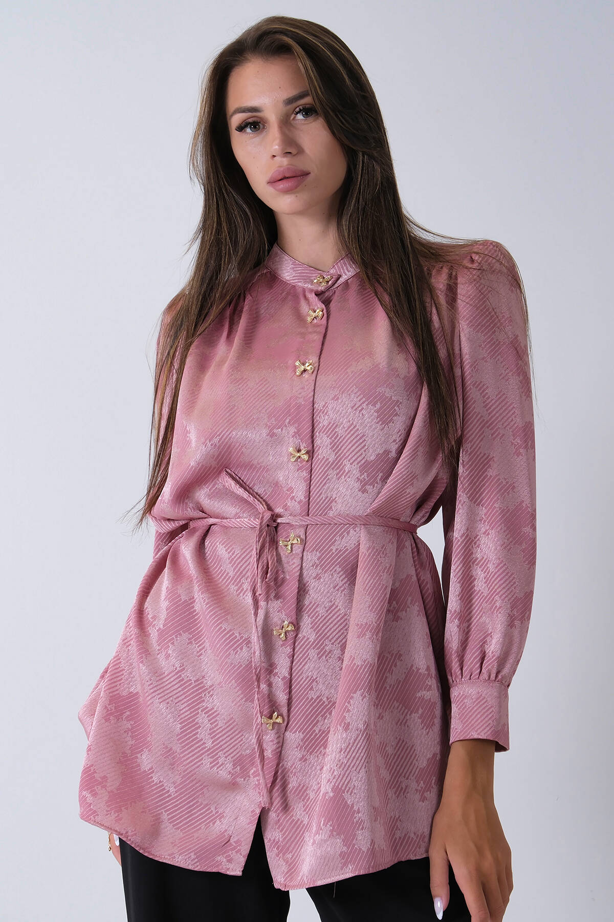 Pembe Hakim Yaka Bel Bağlamalı Desenli Tunik 4595333.10 - Ardanewline