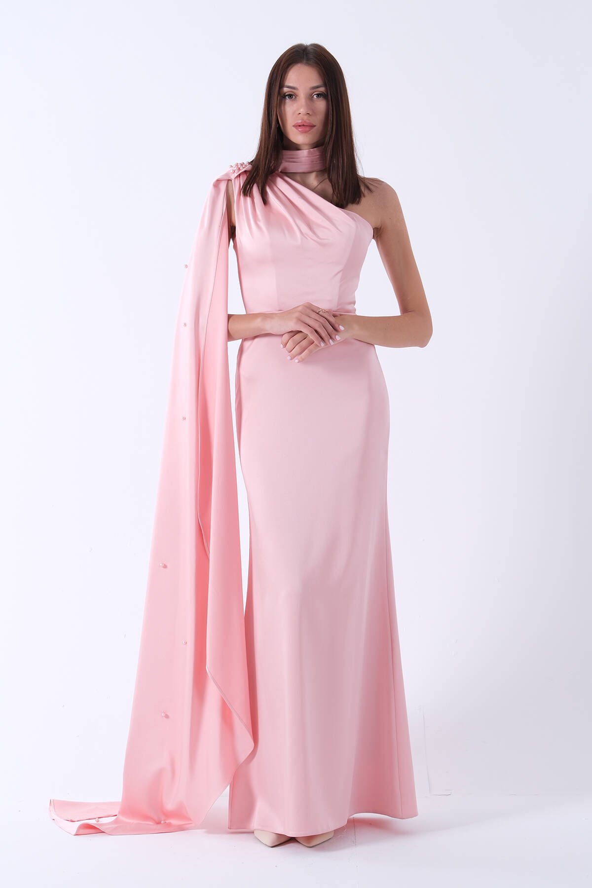 Pembe Yaka Kuşak Detaylı Tek Omuz Abiye 0801099.10 - ArdaNewline