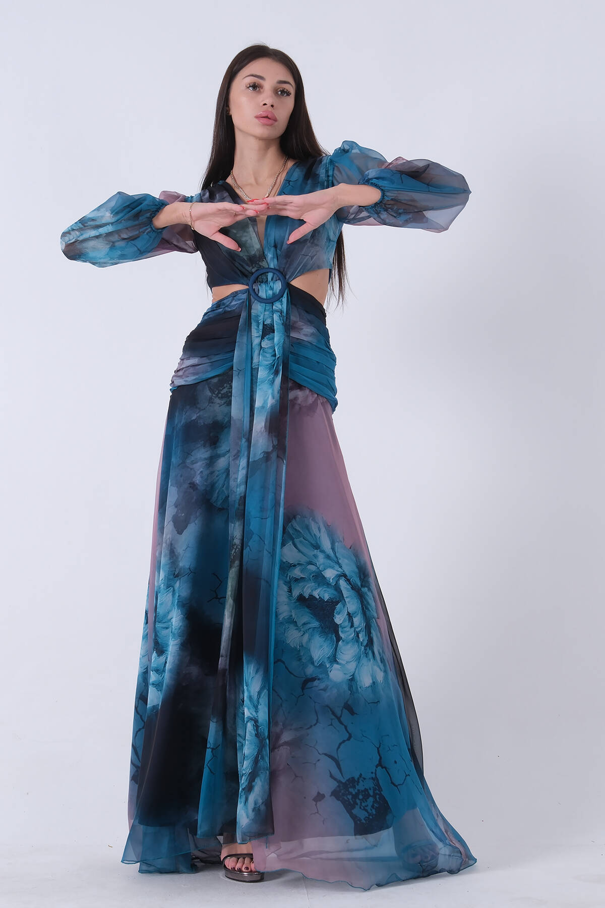 Petrol Baskılı İpek Şifon Önü Tokalı Abiye Elbise 1302087.13 - Ardanewline