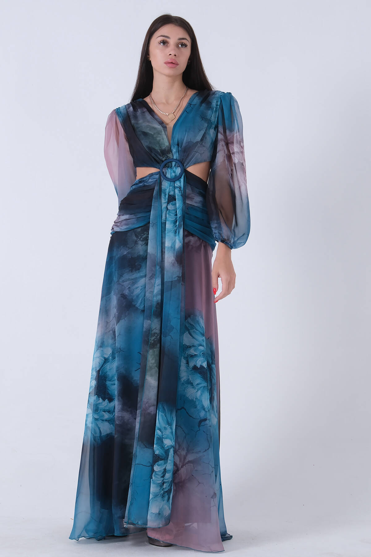 Petrol Baskılı İpek Şifon Önü Tokalı Abiye Elbise 1302087.13 - Ardanewline (1)
