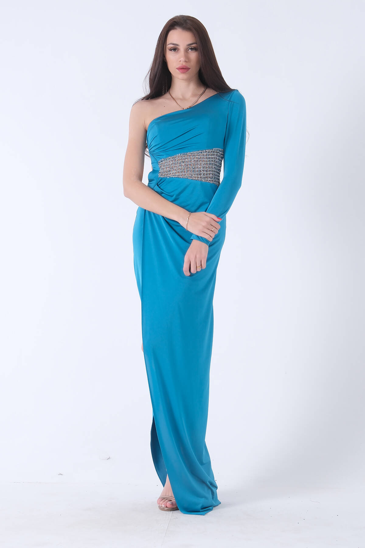 Petrol Tek Kol Yırtmaçlı Bel Dekolteli Balık Abiye Elbise 1302045.13 - Ardanewline