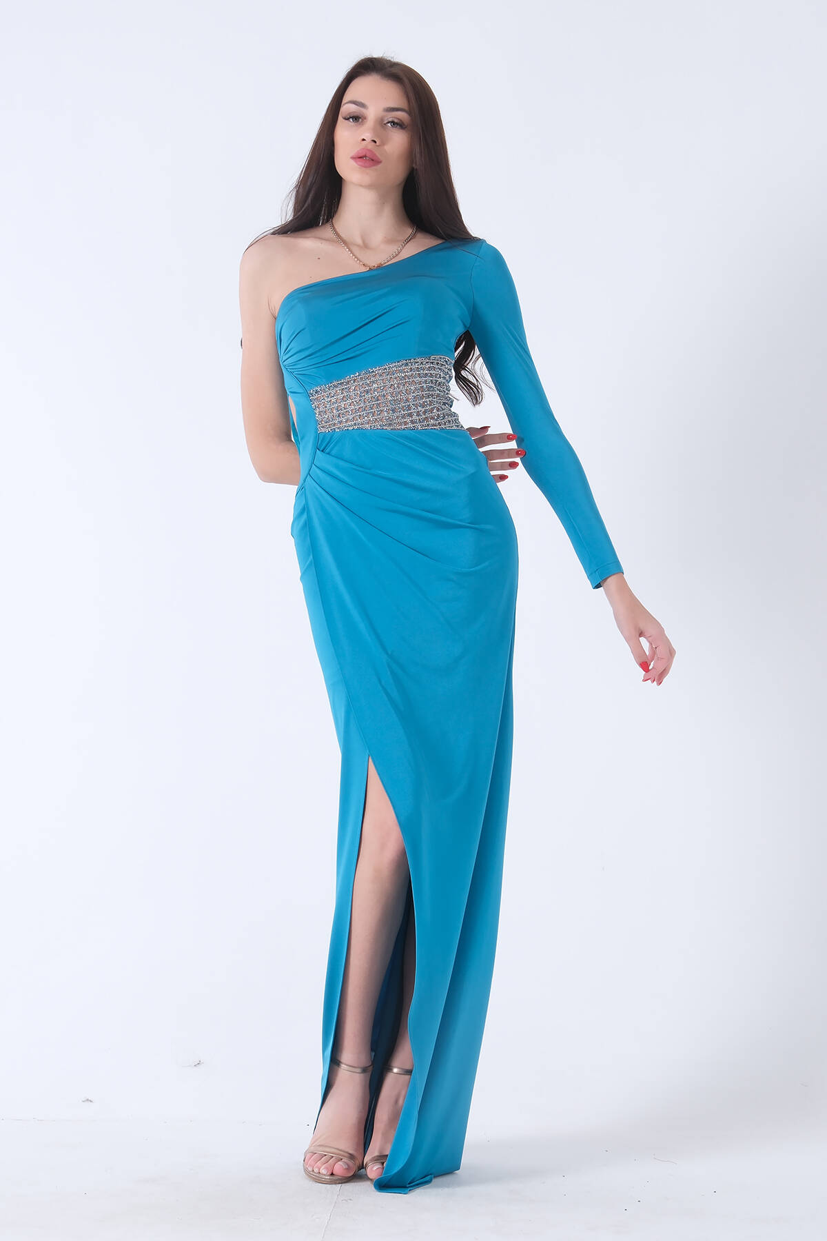 Petrol Tek Kol Yırtmaçlı Bel Dekolteli Balık Abiye Elbise 1302045.13 - Ardanewline (1)