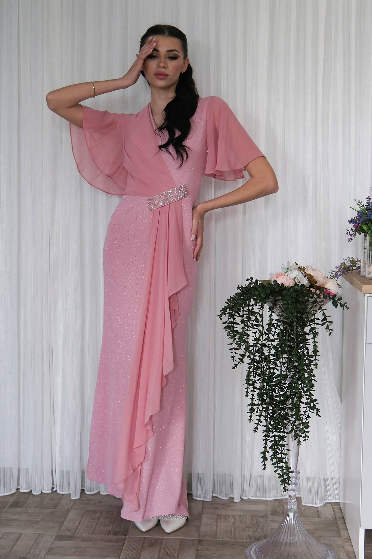 Pudra Beli Taş Detaylı Yarım Kol Tesettür Abiye 08061271.79 - Ardanewline (1)