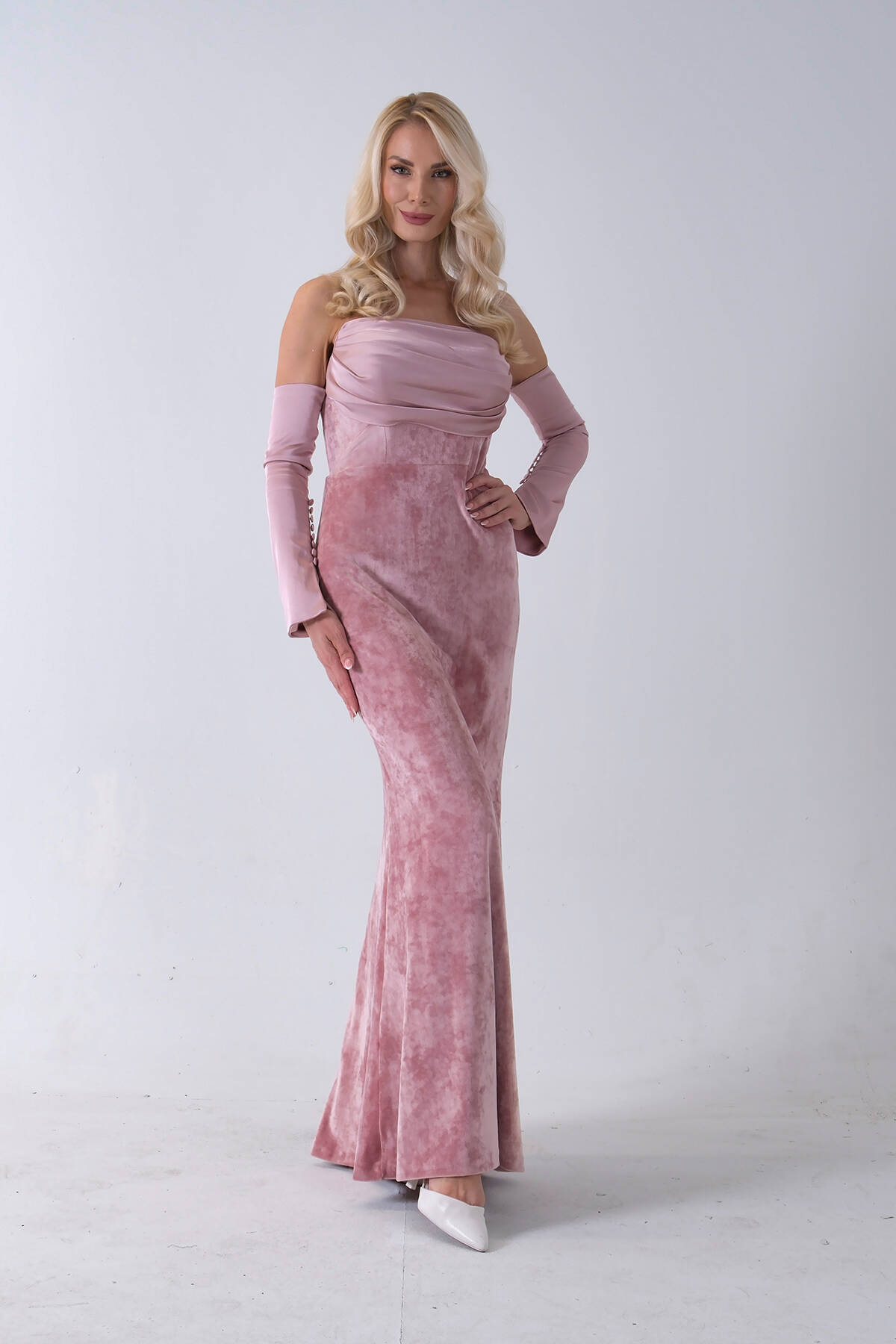 Pudra Drapeli Takma Kol Detaylı Kadife Abiye 0801068.79 - Ardanewline (1)