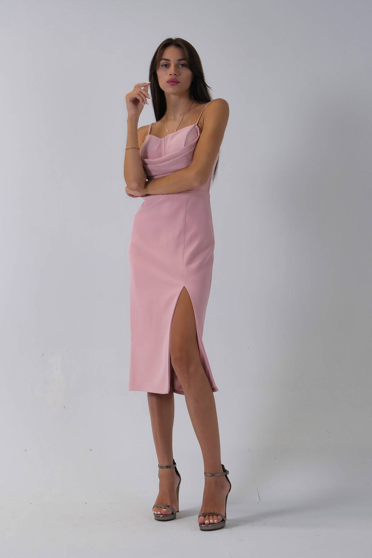 Pudra İp Askılı Yırtmaç Detaylı Midi Boy Abiye 0801078.79 - Ardanewline