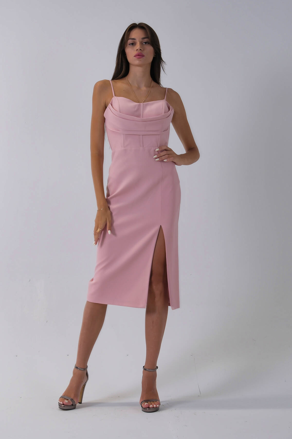 Pudra İp Askılı Yırtmaç Detaylı Midi Boy Abiye 0801078.79 - Ardanewline (1)