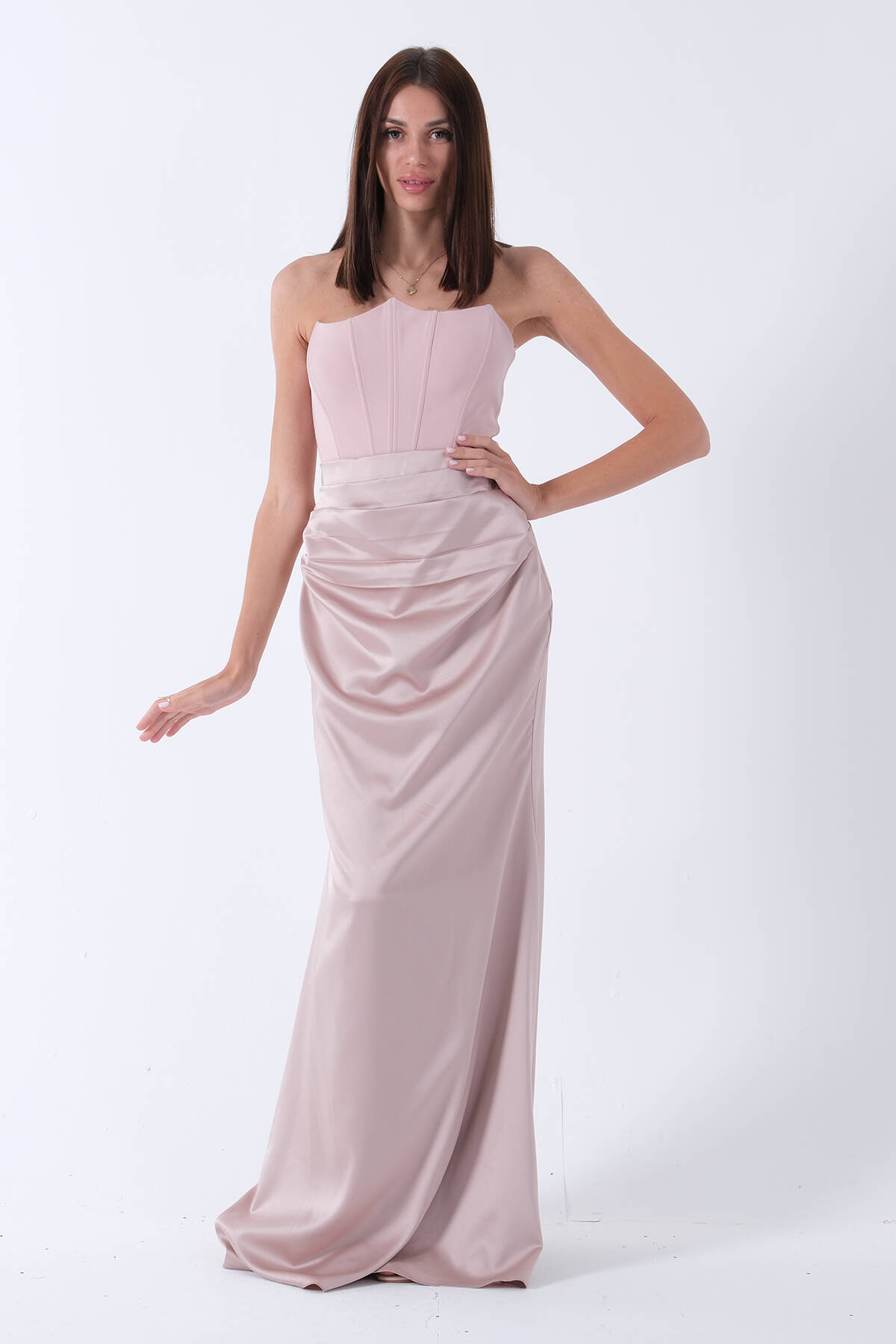Pudra Önü Drape Detaylı Straplez Abiye 9705744.79 - ArdaNewline