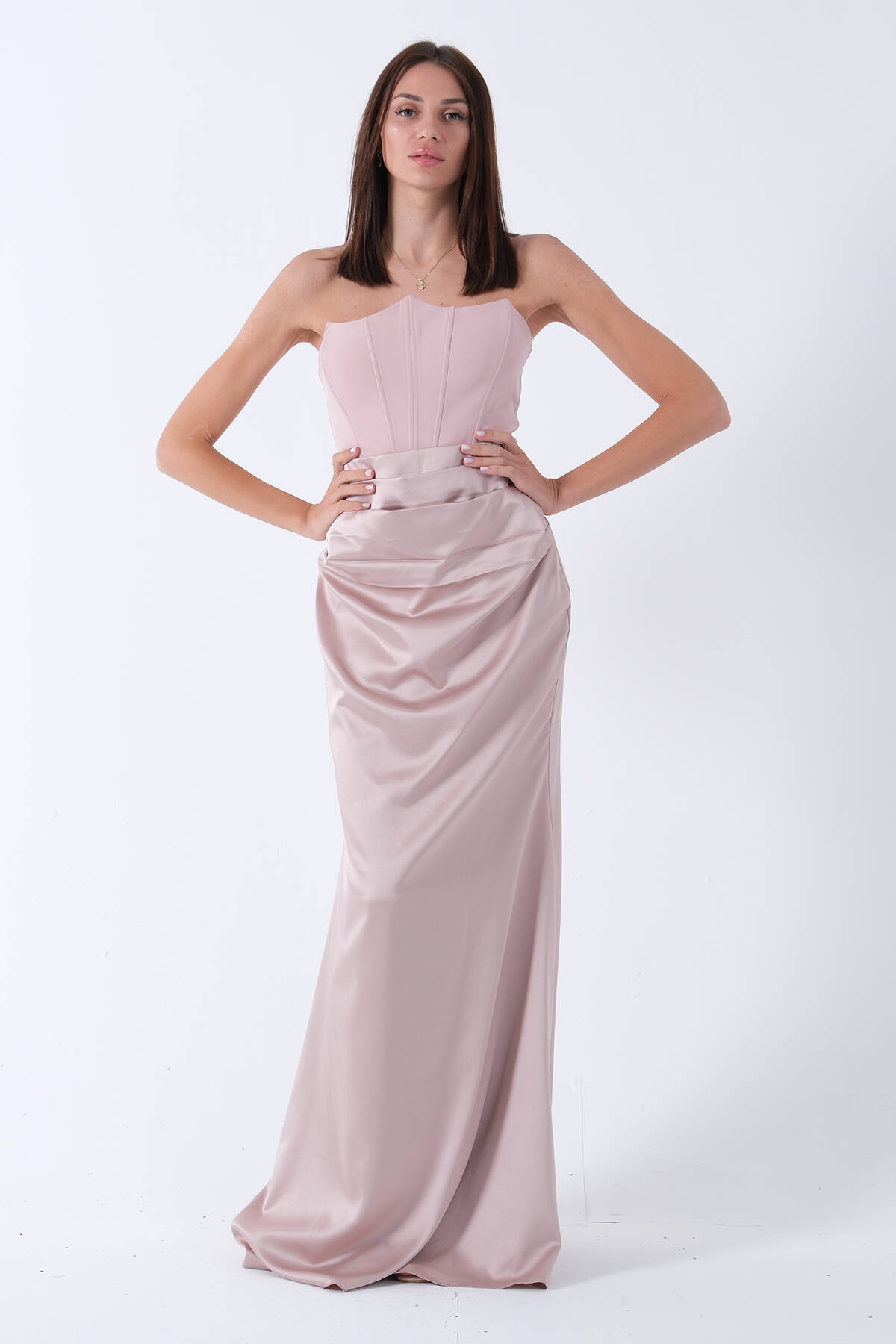 Pudra Önü Drape Detaylı Straplez Abiye 9705744.79 - ArdaNewline (1)