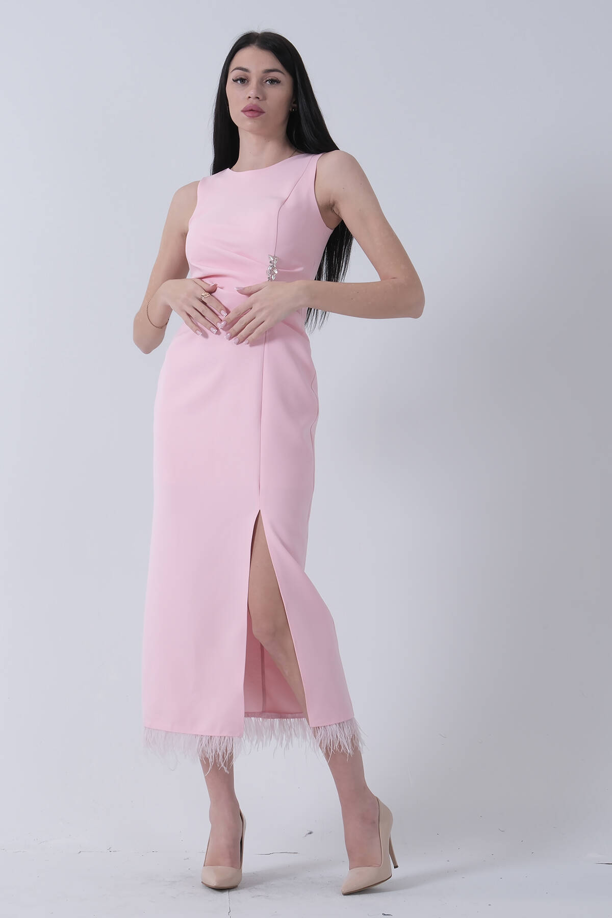 Pudra Önü Taş Detaylı Yırtmaçlı Tüy Detaylı Abiye 9705402.79 - Ardanewline (1)