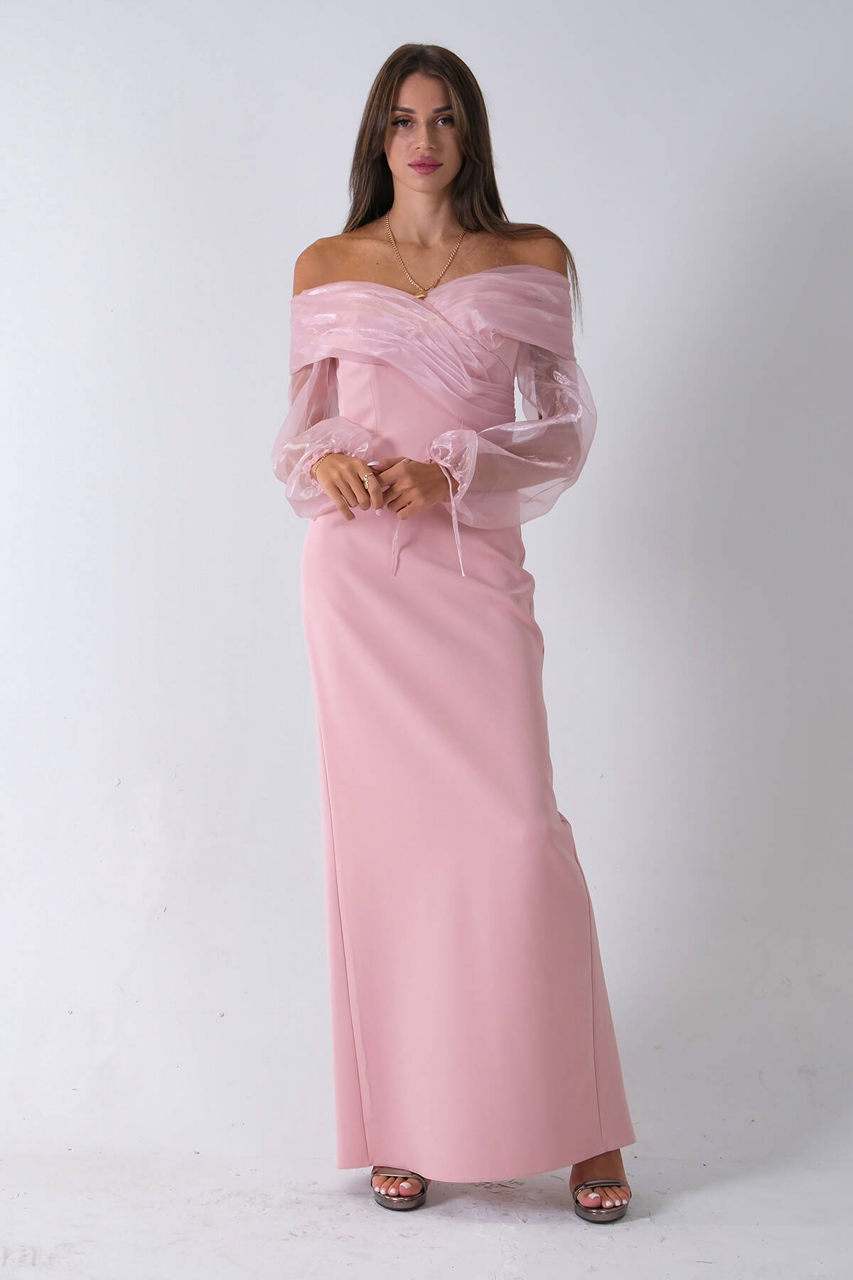 Pudra Organze Kol Detaylı Kayık Yaka Abiye 0801086.79 - Ardanewline