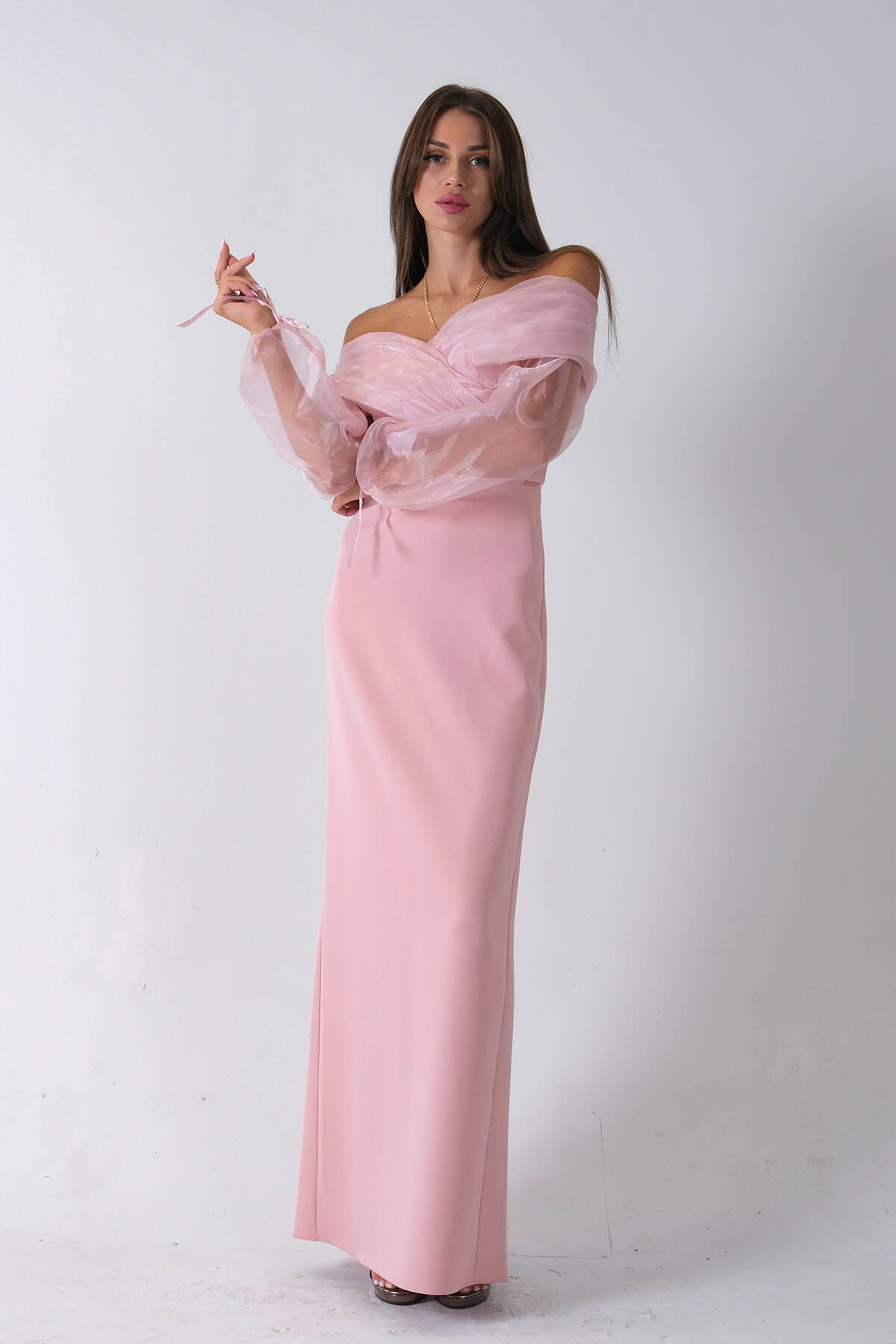 Pudra Organze Kol Detaylı Kayık Yaka Abiye 0801086.79 - Ardanewline (1)