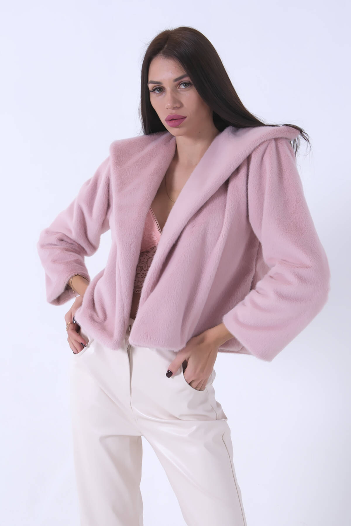 Pudra Peluş Şal Yaka Kapamasız Ceket 0105139.79 - Ardanewline