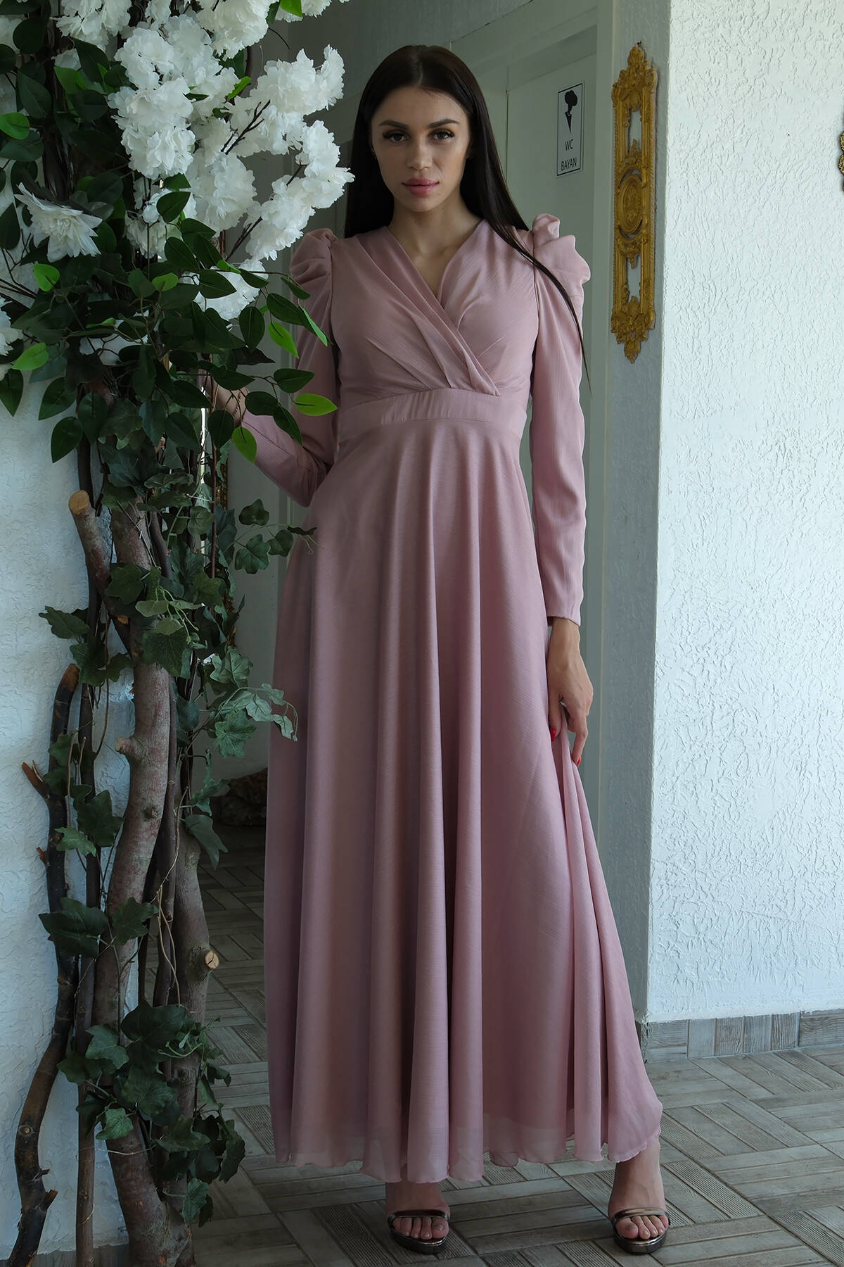 Pudra V Yaka Parıltılı Uzun Kollu Abiye 6502514.79 - Ardanewline