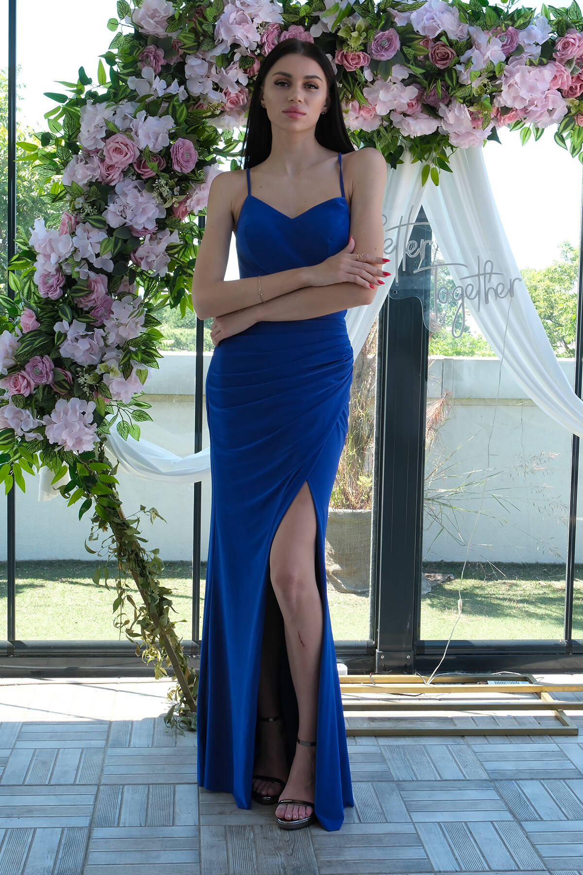 Saks Askılı Yırtmaç Detaylı Drapeli Abiye 9705289.26 - Ardanewline (1)