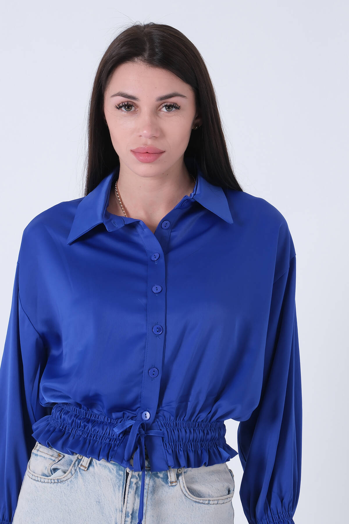 Saks Bel ve Kol Ucu Gipe Detaylı Saten Gömlek 3972863.26 - Ardanewline