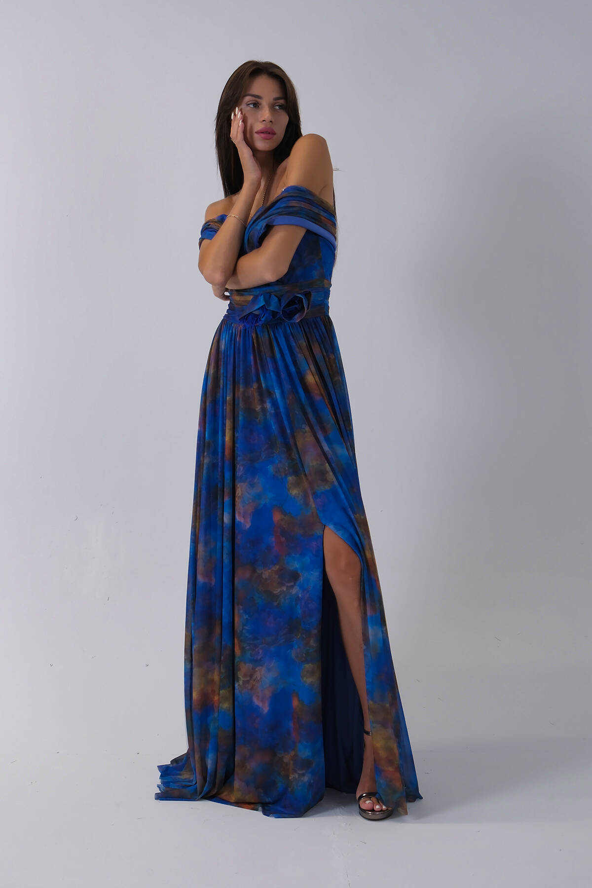 Saks Beli Çiçek Detaylı Desenli Şifon Abiye 0801102.26 - Ardanewline