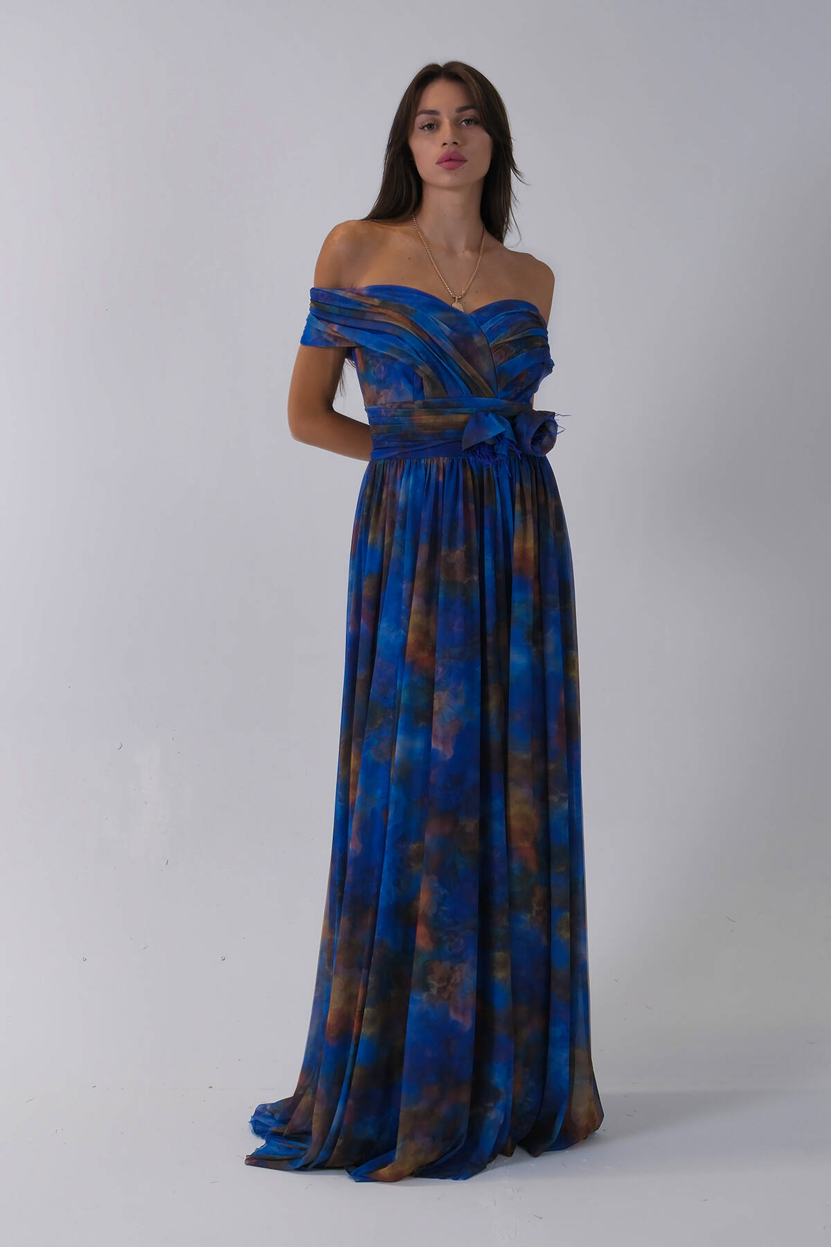 Saks Beli Çiçek Detaylı Desenli Şifon Abiye 0801102.26 - Ardanewline (1)