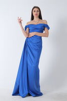 Saks Drape Detaylı Saten Kumaş Abiye Elbise 9704858.26 - 3